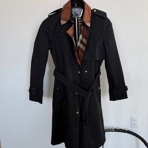 Burberry Black Trench Coat with Brown Plaid Trim